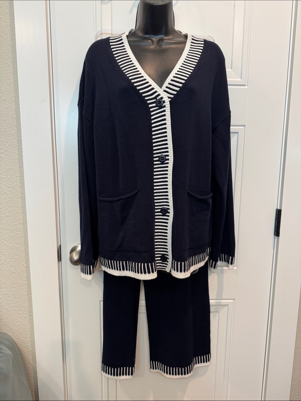 Navy and White Trim Knit Pantsuit - Cardigan & Trousers
